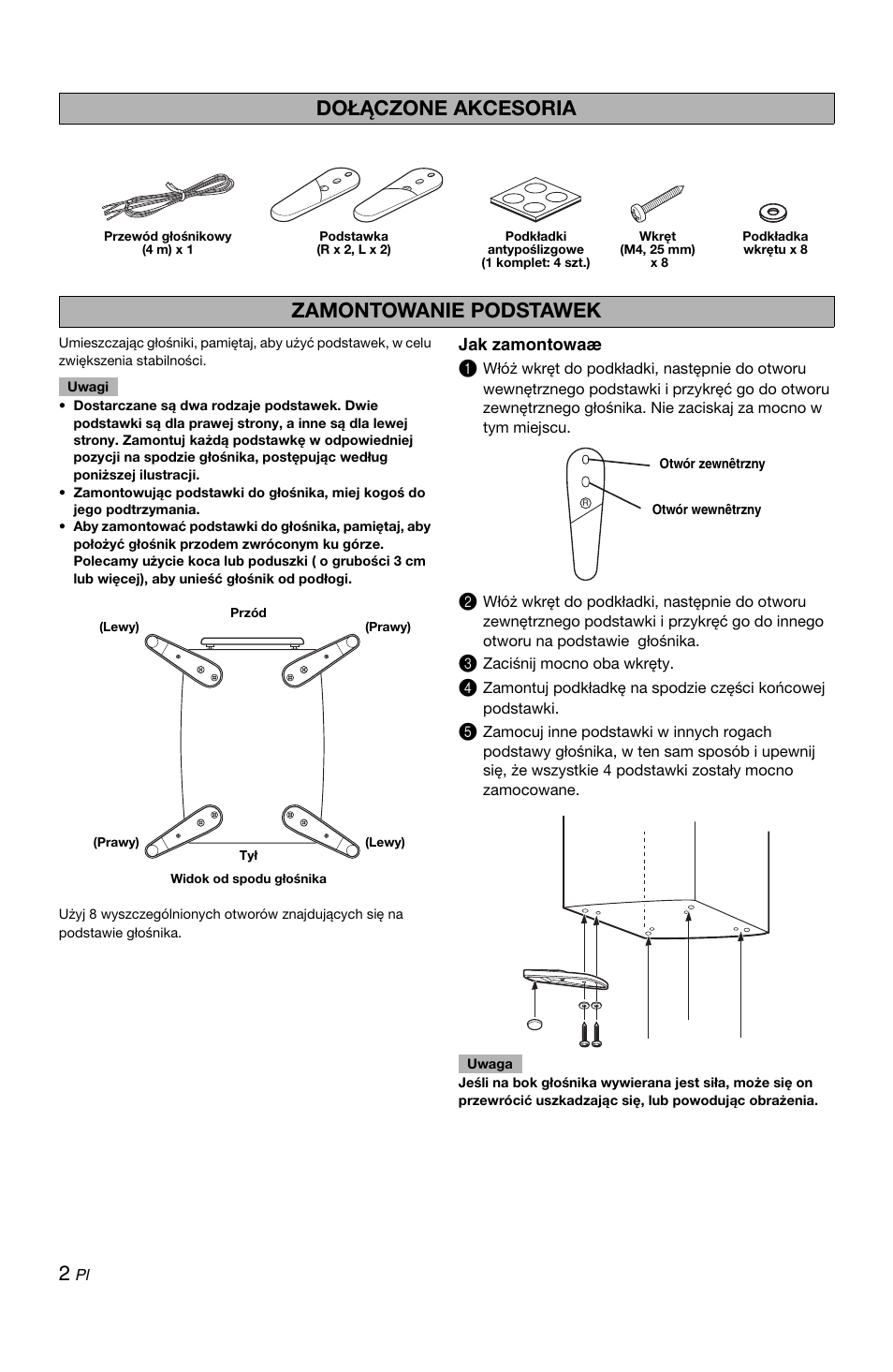 Dołączone akcesoria, Zamontowanie podstawek | Yamaha NS-9900 User Manual | Page 18 / 22