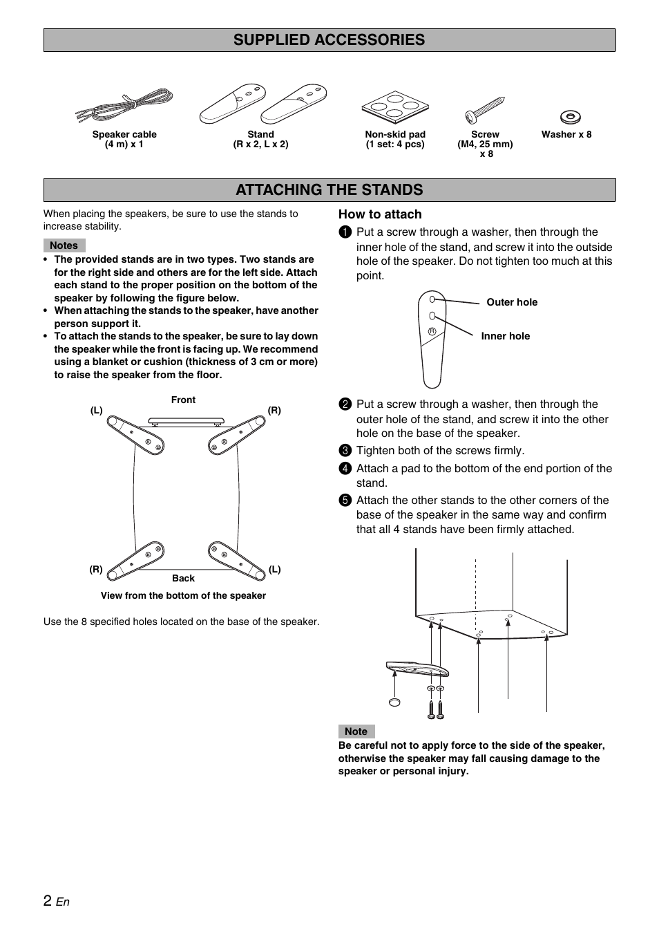 Supplied accessories, Attaching the stands | Yamaha NS-9900 User Manual | Page 2 / 22