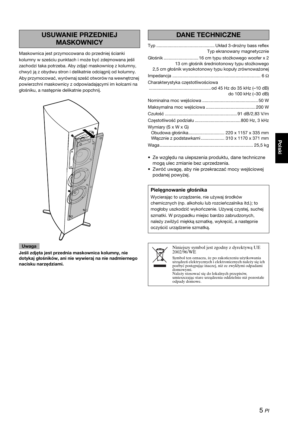 Usuwanie przedniej maskownicy, Dane techniczne | Yamaha NS-9900 User Manual | Page 21 / 22