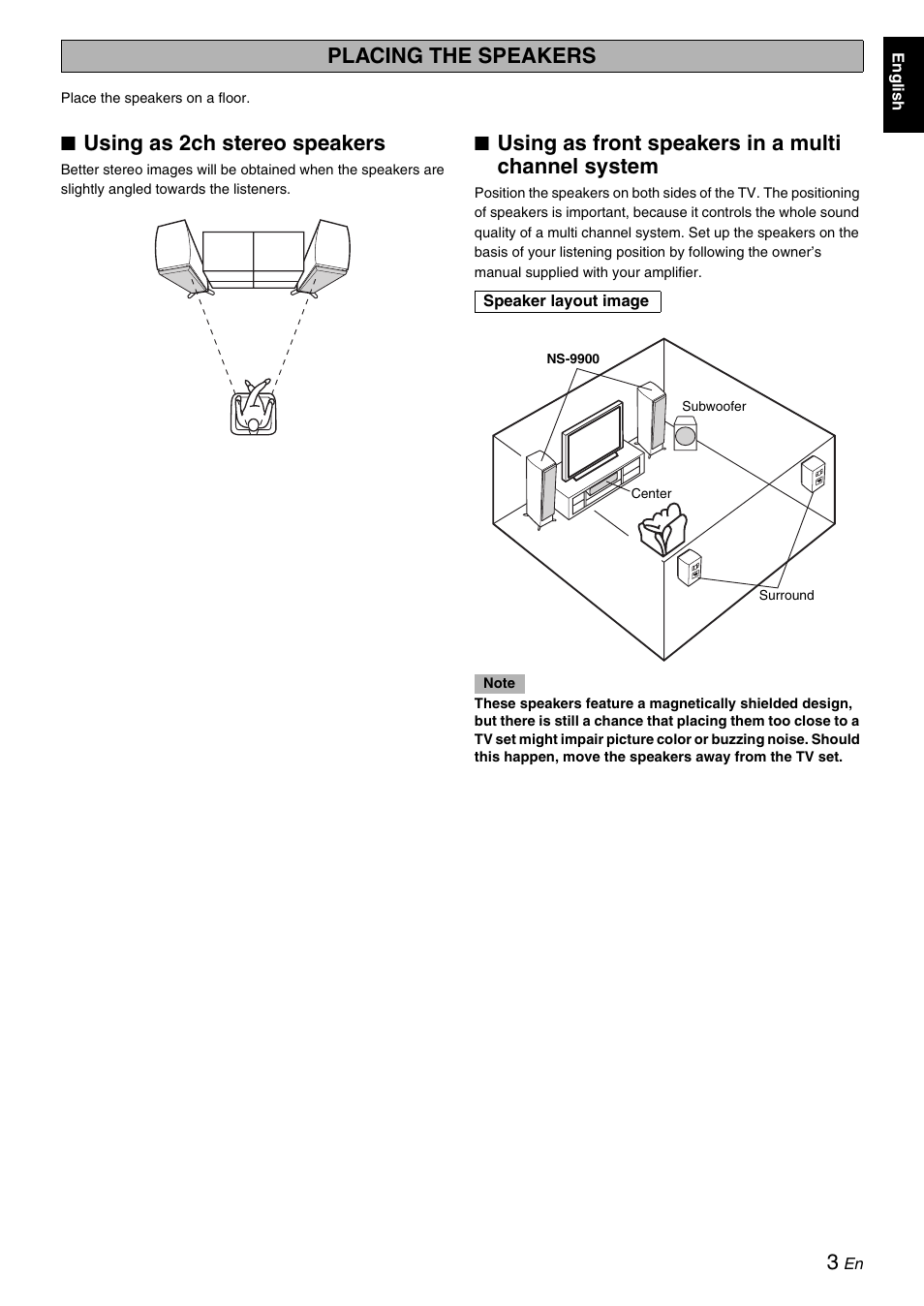 Placing the speakers, Using as 2ch stereo speakers, Using as front speakers in a multi channel system | Yamaha NS-9900 User Manual | Page 3 / 22