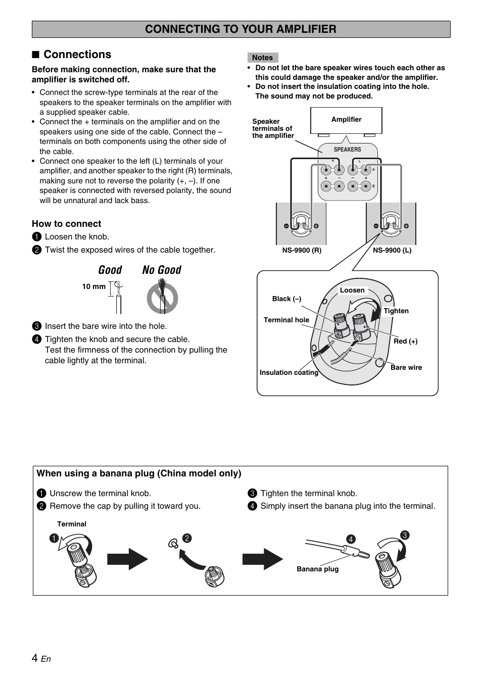 Connecting to your amplifier, Connections, Connecting to your amplifier good no good | Yamaha NS-9900 User Manual | Page 4 / 22