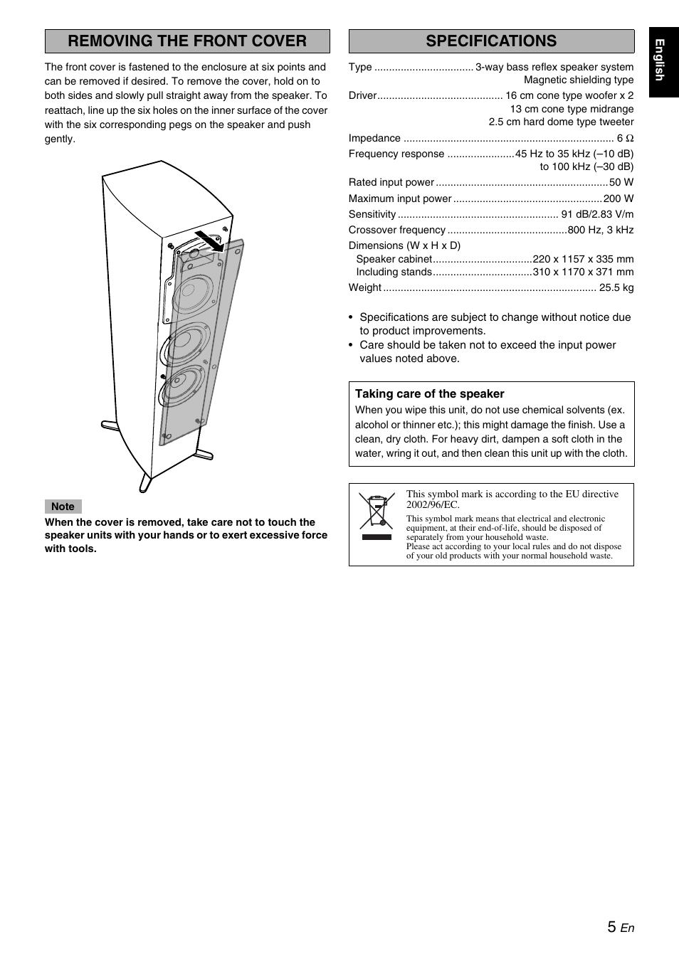 Removing the front cover, Specifications | Yamaha NS-9900 User Manual | Page 5 / 22