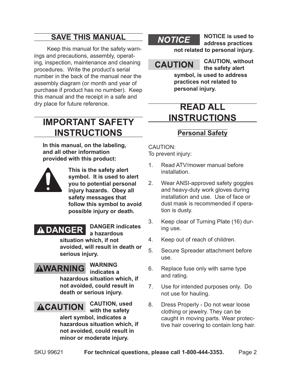 Important safety instructions, Read all instructions, Save this manual | Harbor Freight Tools 99621 User Manual | Page 2 / 8