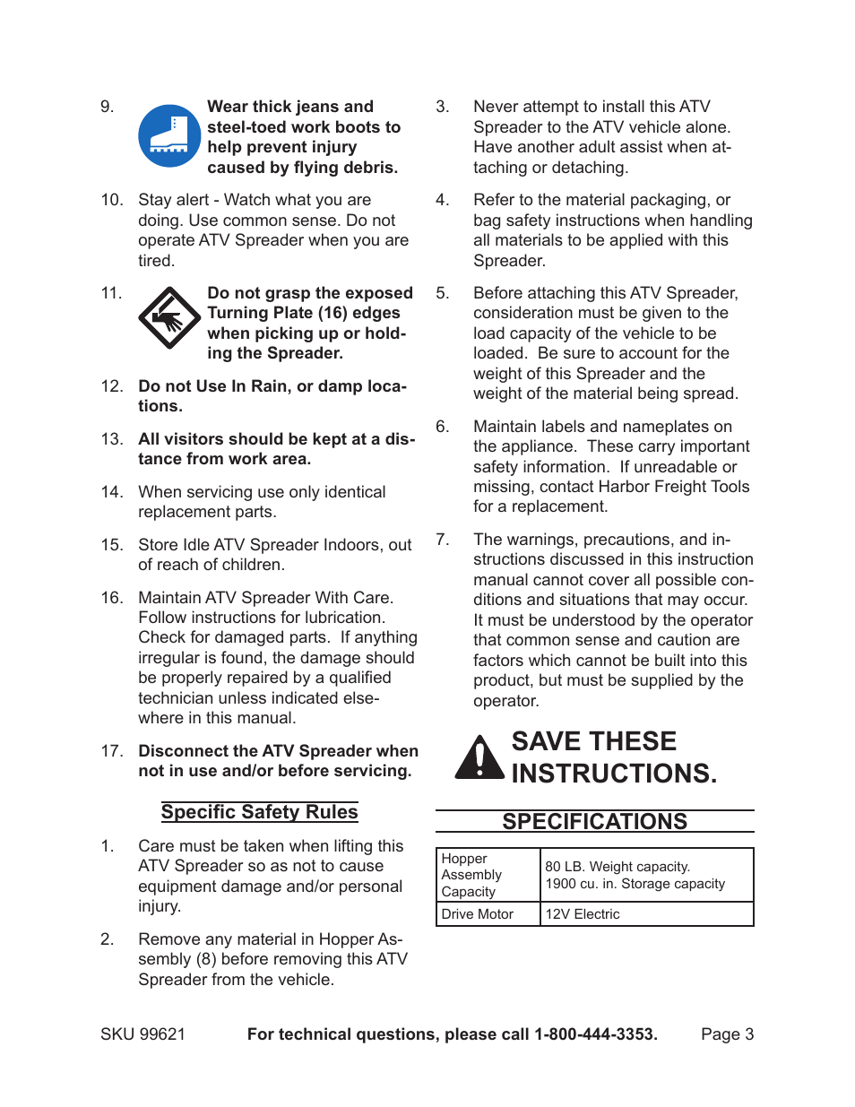 Save these instructions, Specifications | Harbor Freight Tools 99621 User Manual | Page 3 / 8