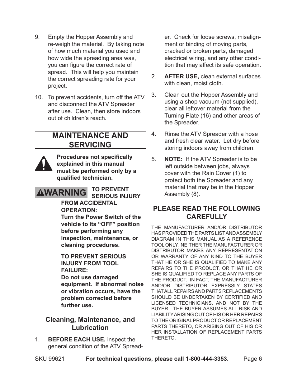 Maintenance and servicing | Harbor Freight Tools 99621 User Manual | Page 6 / 8