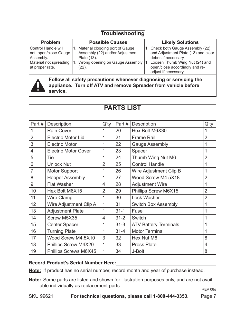 Parts list | Harbor Freight Tools 99621 User Manual | Page 7 / 8