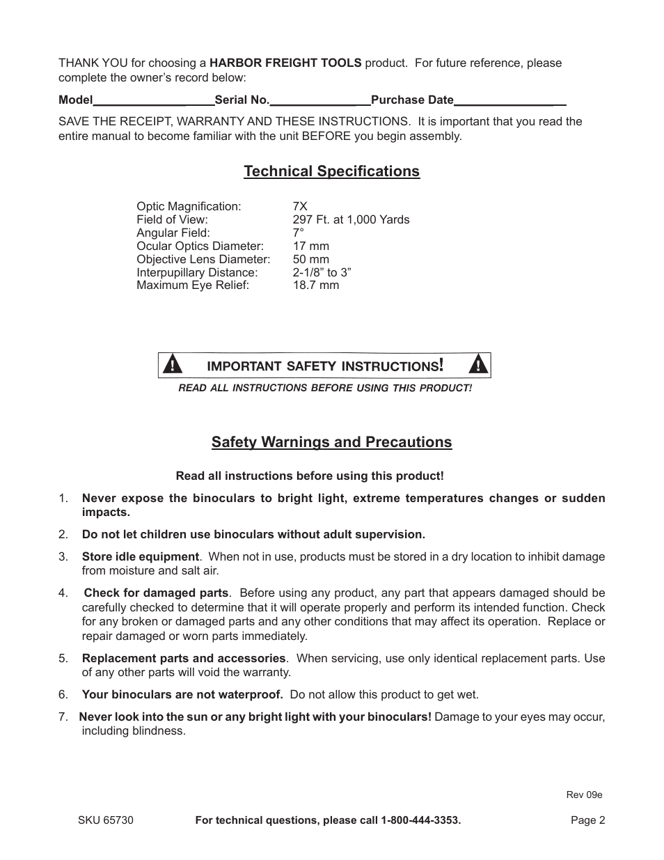 Technical specifications, Safety warnings and precautions | Harbor Freight Tools 65730 User Manual | Page 2 / 6