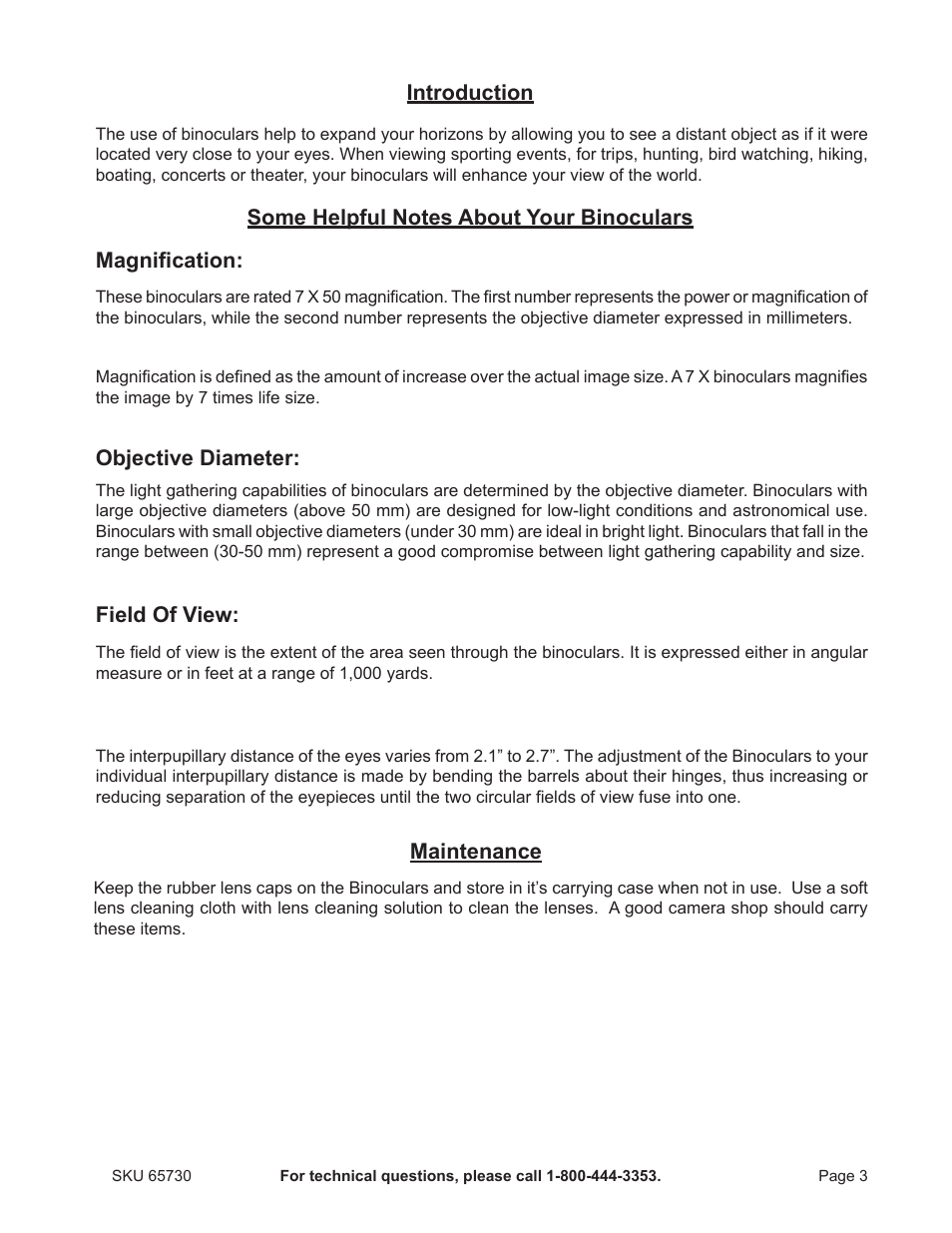 Introduction, Magnification: objective diameter: field of view, Maintenance | Harbor Freight Tools 65730 User Manual | Page 3 / 6