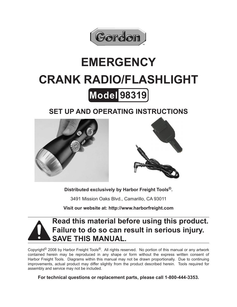 Harbor Freight Tools Gordon Emergency Crank Radio/Flashlight 98319 User Manual | 8 pages