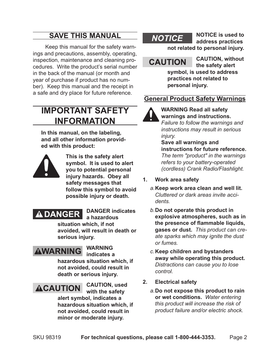 Important safety information, Save this manual | Harbor Freight Tools Gordon Emergency Crank Radio/Flashlight 98319 User Manual | Page 2 / 8