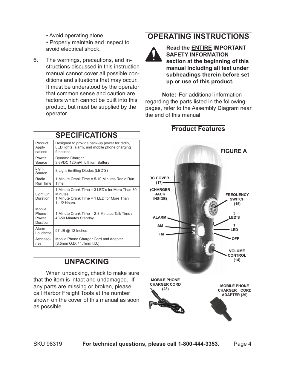 Specifications, Unpacking, Operating instructions | Product features, Figure a | Harbor Freight Tools Gordon Emergency Crank Radio/Flashlight 98319 User Manual | Page 4 / 8