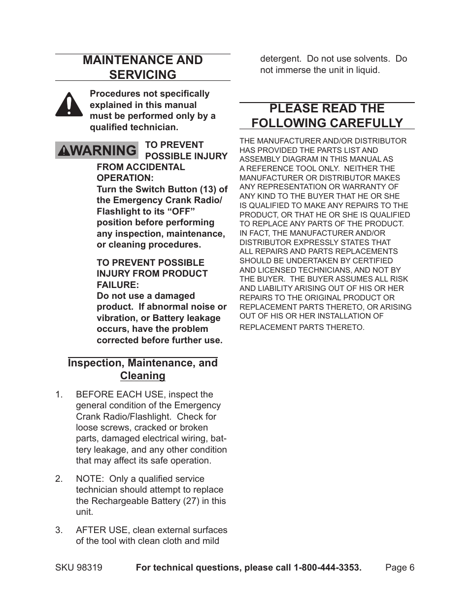 Maintenance and servicing, Please read the following carefully | Harbor Freight Tools Gordon Emergency Crank Radio/Flashlight 98319 User Manual | Page 6 / 8