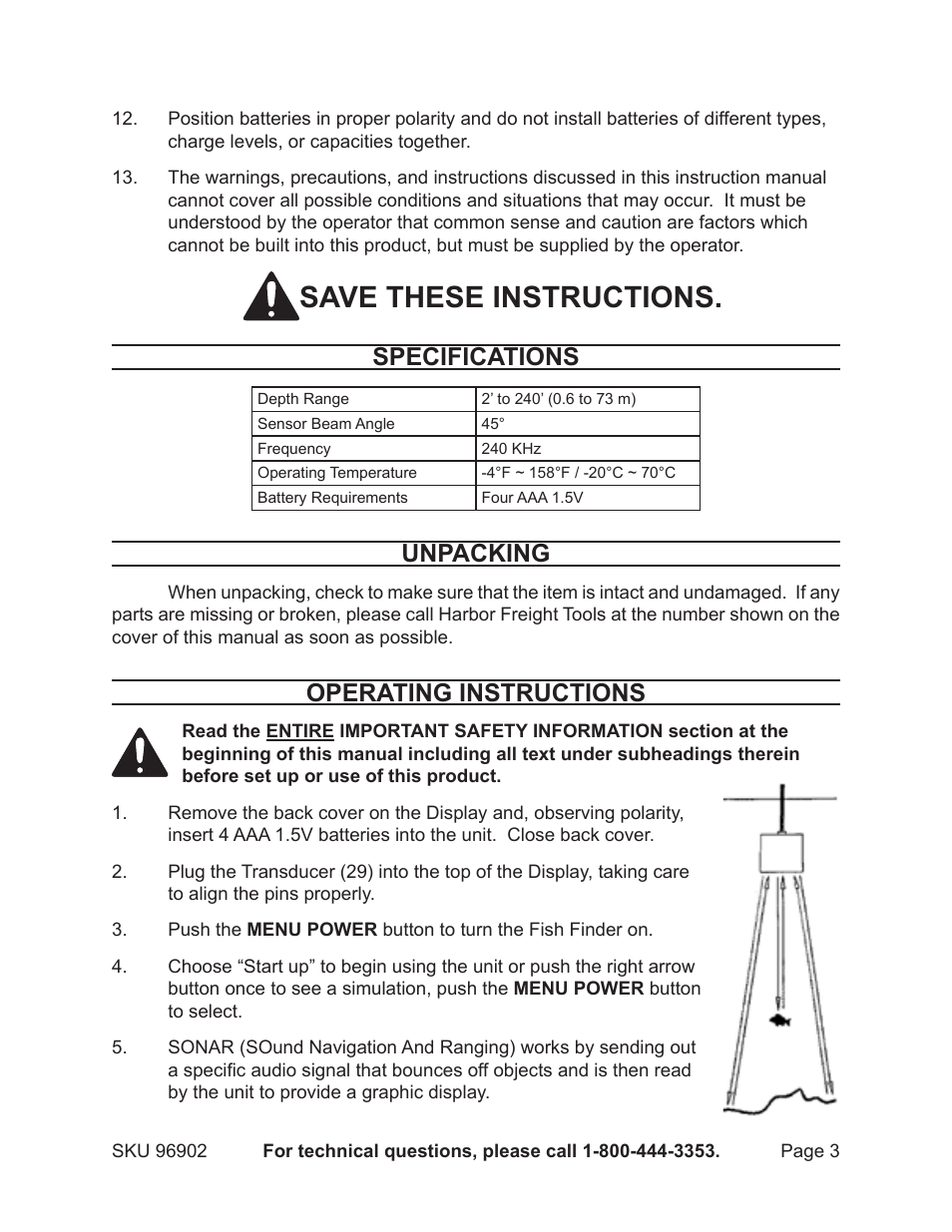 Save these instructions, Specifications, Unpacking | Operating instructions | Harbor Freight Tools 96902 User Manual | Page 3 / 7