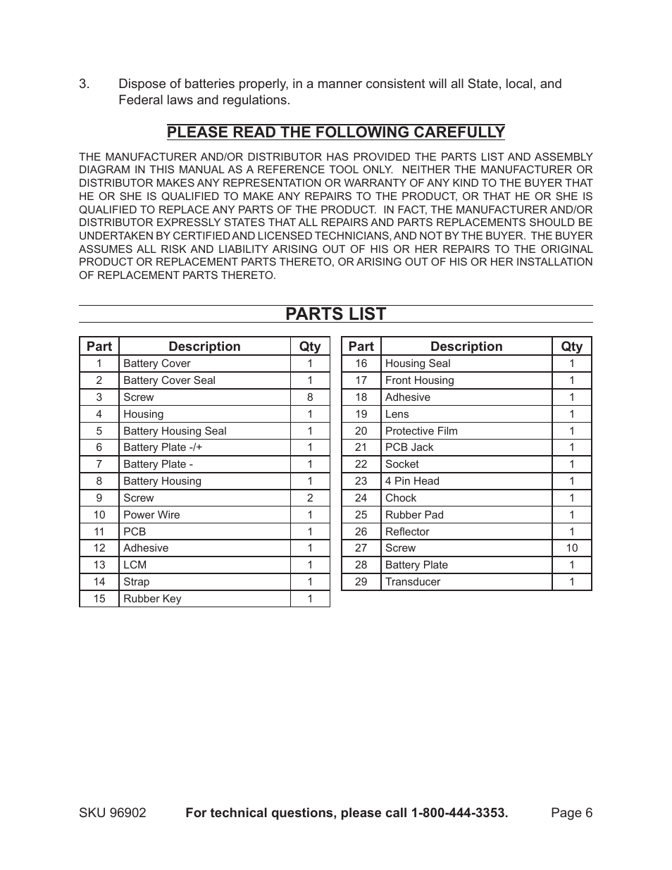 Parts list, Please read the following carefully | Harbor Freight Tools 96902 User Manual | Page 6 / 7