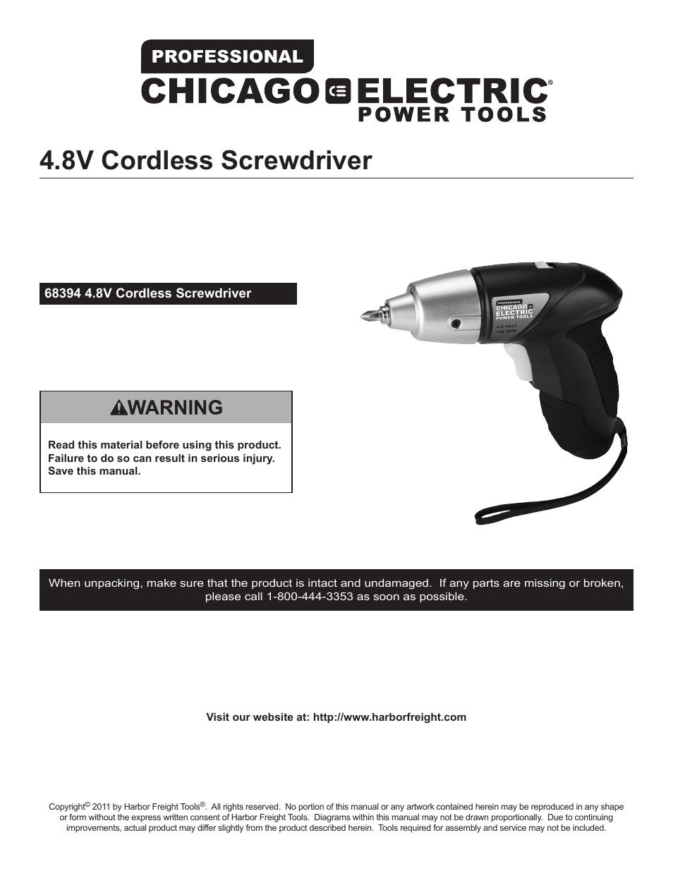 Harbor Freight Tools Chicago Electric 4.8V Cordless Screwdriver 68394 User Manual | 10 pages