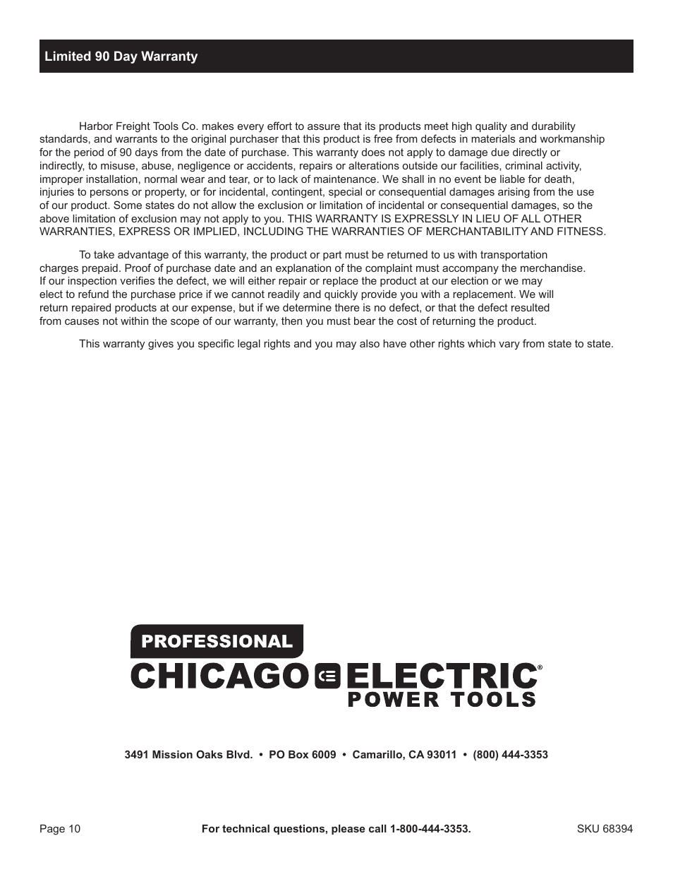 Harbor Freight Tools Chicago Electric 4.8V Cordless Screwdriver 68394 User Manual | Page 10 / 10