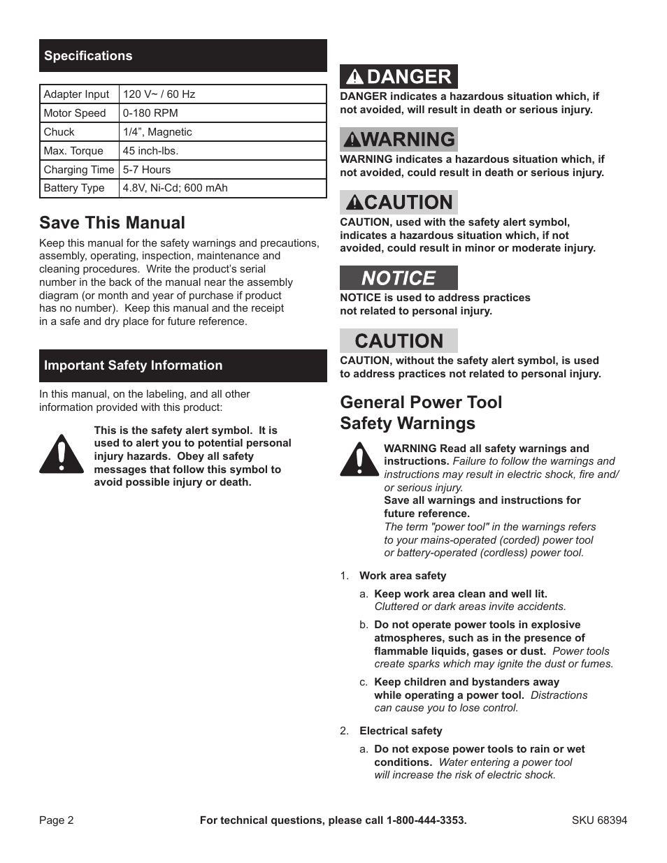 Save this manual, General power tool safety warnings | Harbor Freight Tools Chicago Electric 4.8V Cordless Screwdriver 68394 User Manual | Page 2 / 10