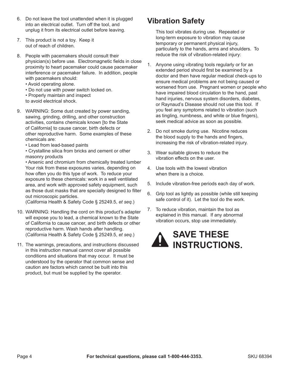 Save these instructions, Vibration safety | Harbor Freight Tools Chicago Electric 4.8V Cordless Screwdriver 68394 User Manual | Page 4 / 10