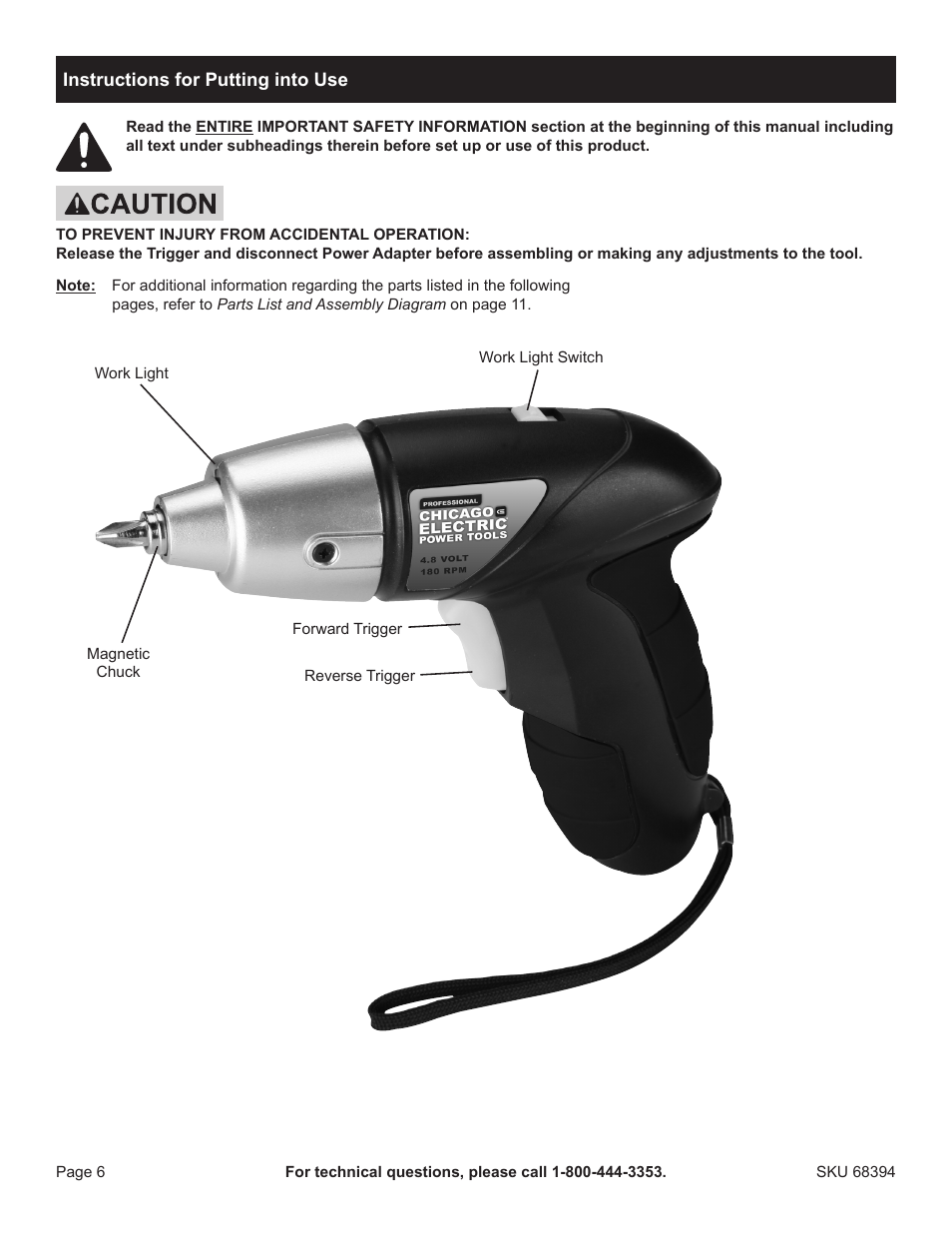 Harbor Freight Tools Chicago Electric 4.8V Cordless Screwdriver 68394 User Manual | Page 6 / 10