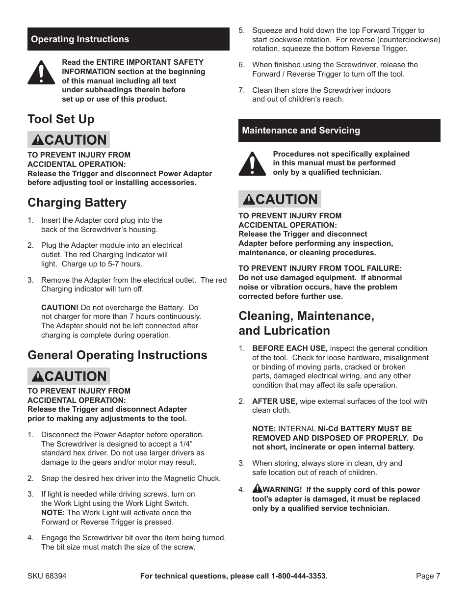 Tool set up, Charging battery, General operating instructions | Cleaning, maintenance, and lubrication | Harbor Freight Tools Chicago Electric 4.8V Cordless Screwdriver 68394 User Manual | Page 7 / 10