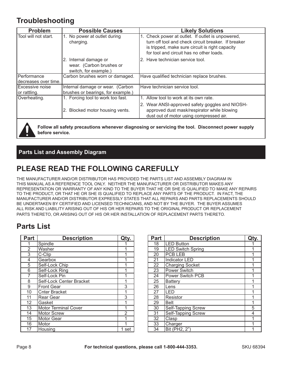 Troubleshooting, Please read the following carefully, Parts list | Harbor Freight Tools Chicago Electric 4.8V Cordless Screwdriver 68394 User Manual | Page 8 / 10