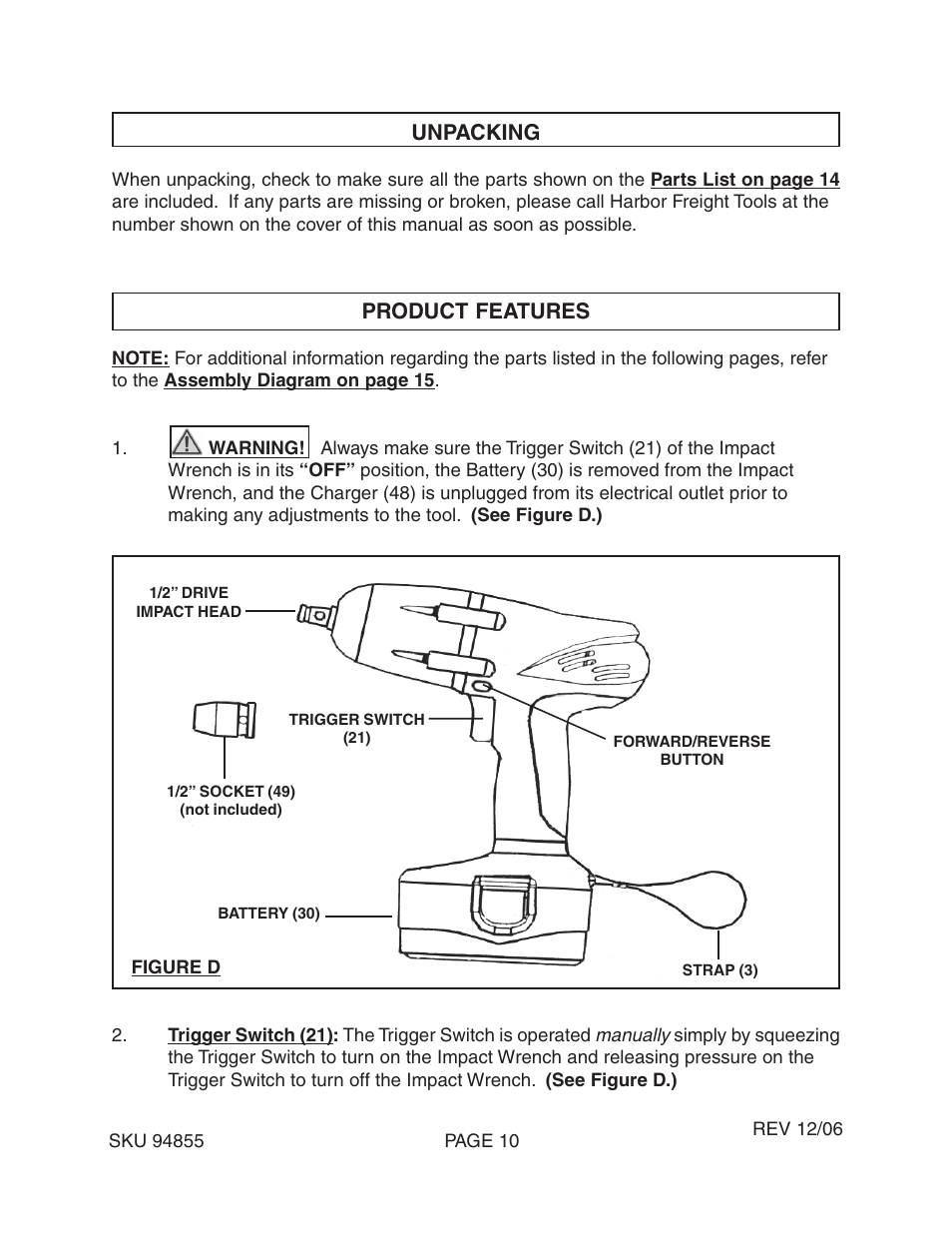 Unpacking, Product features | Harbor Freight Tools 94855 User Manual | Page 10 / 15