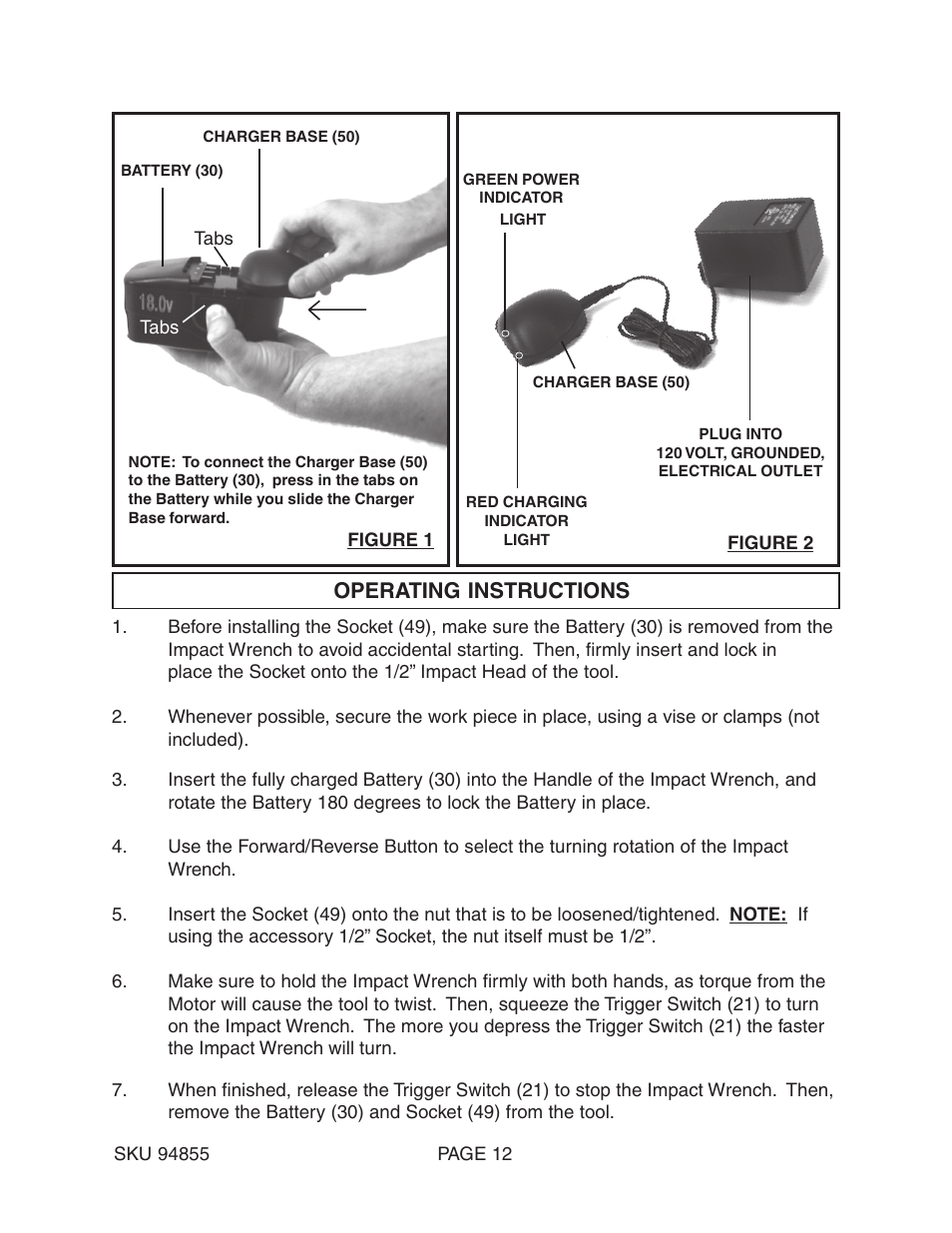 Operating instructions | Harbor Freight Tools 94855 User Manual | Page 12 / 15