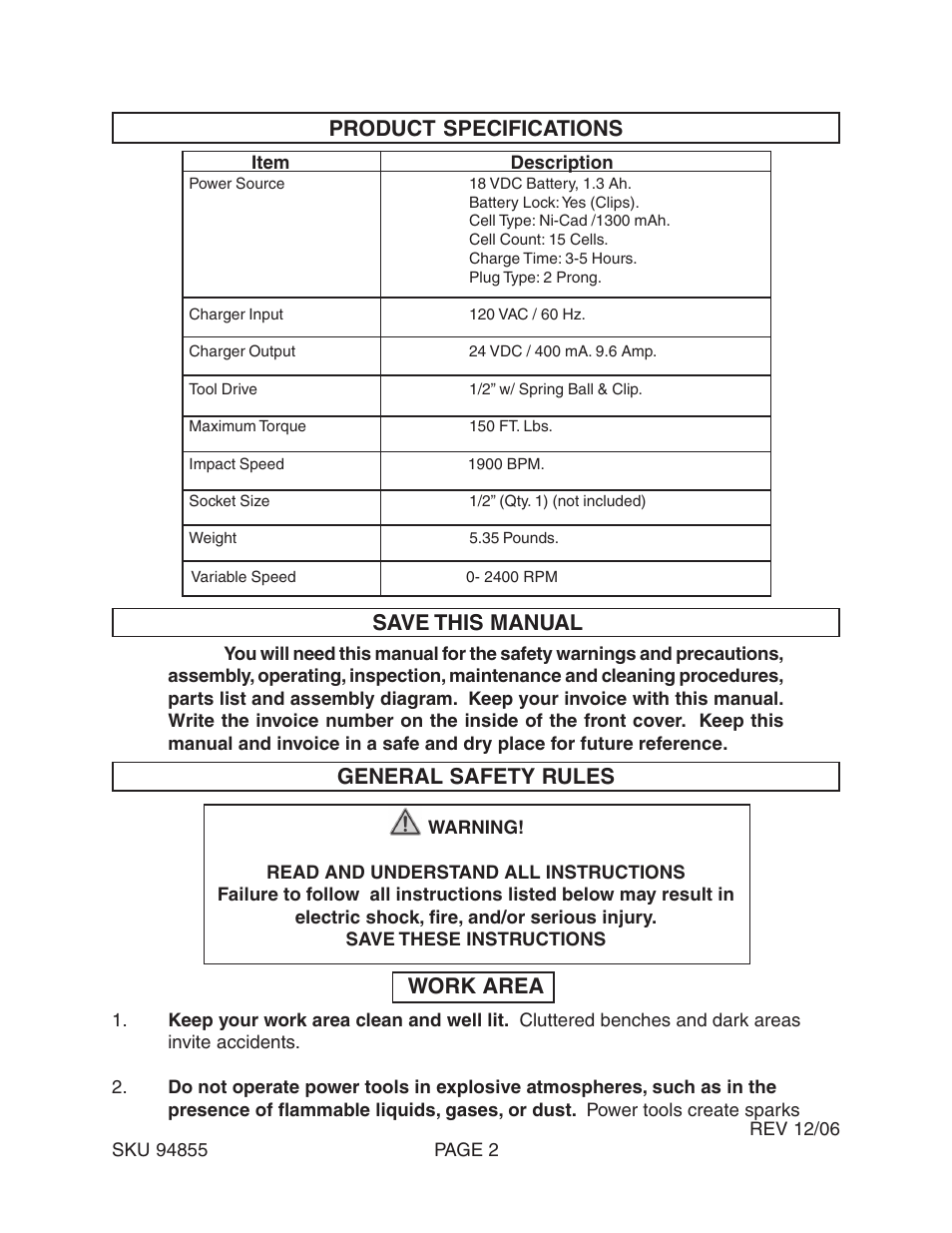 Product specifications, General safety rules, Work area | Save this manual | Harbor Freight Tools 94855 User Manual | Page 2 / 15