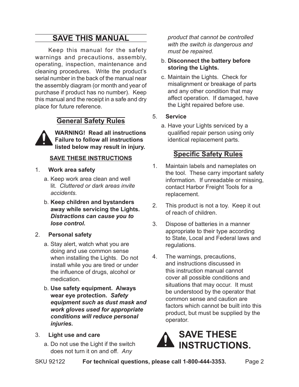 Save these instructions, Save this manual | Harbor Freight Tools One Stop Gardens Stainless Steel Solar Lights 92122 User Manual | Page 2 / 5