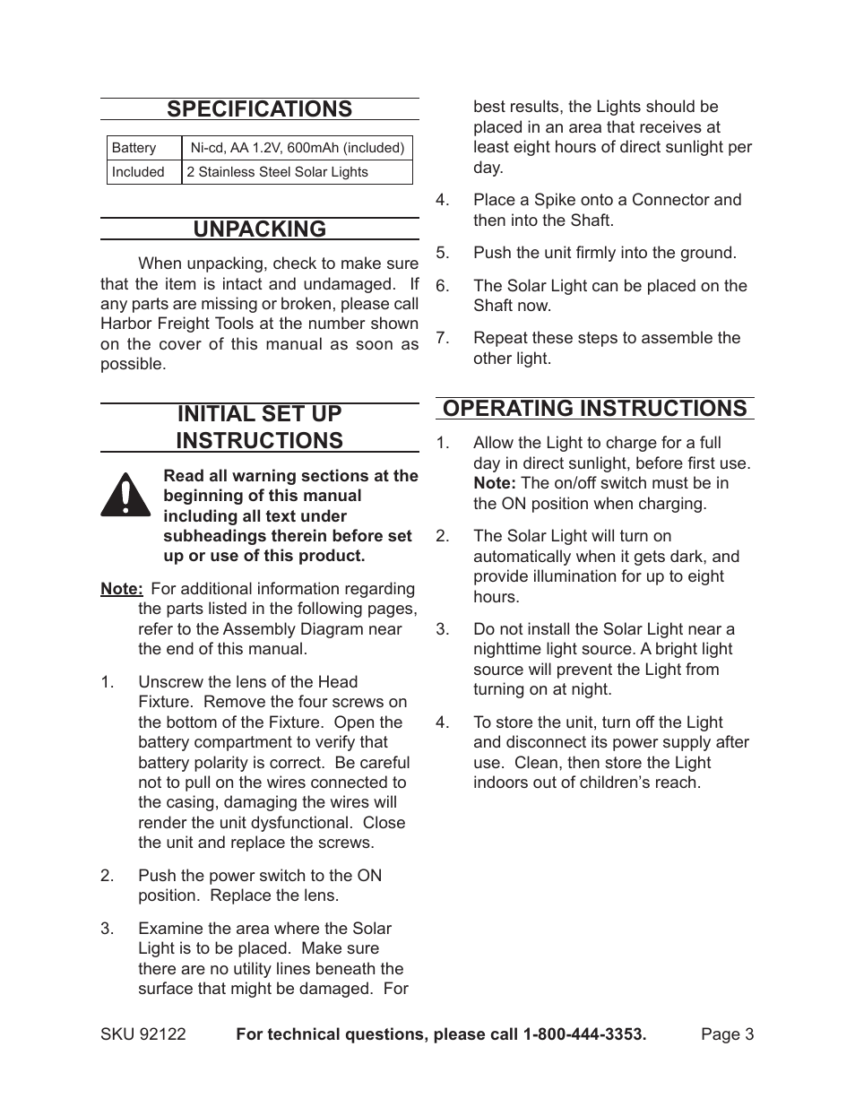 Specifications, Unpacking, Initial set up instructions | Operating instructions | Harbor Freight Tools One Stop Gardens Stainless Steel Solar Lights 92122 User Manual | Page 3 / 5