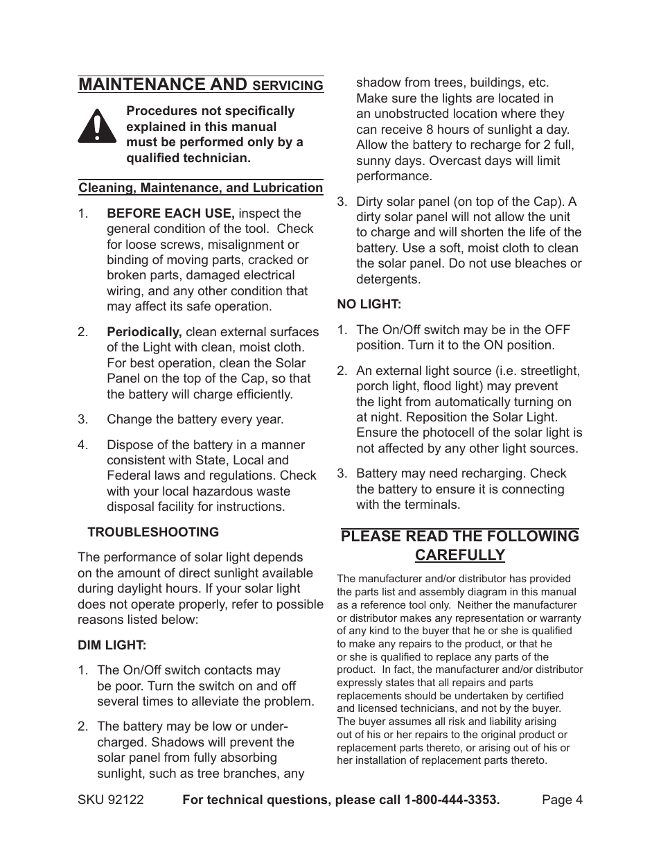 Maintenance and | Harbor Freight Tools One Stop Gardens Stainless Steel Solar Lights 92122 User Manual | Page 4 / 5