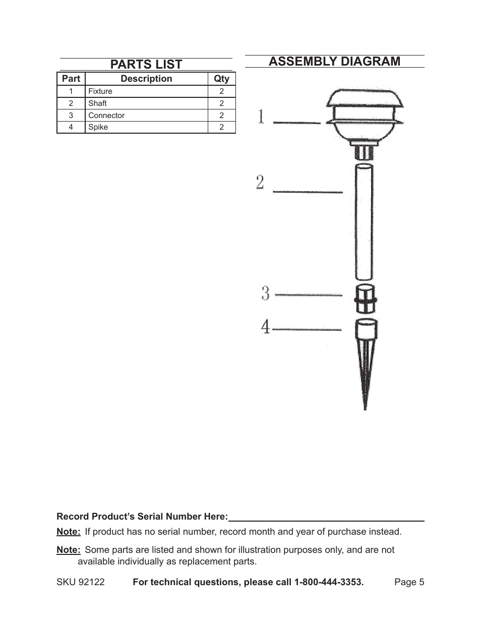 Parts list, Assembly diagram | Harbor Freight Tools One Stop Gardens Stainless Steel Solar Lights 92122 User Manual | Page 5 / 5