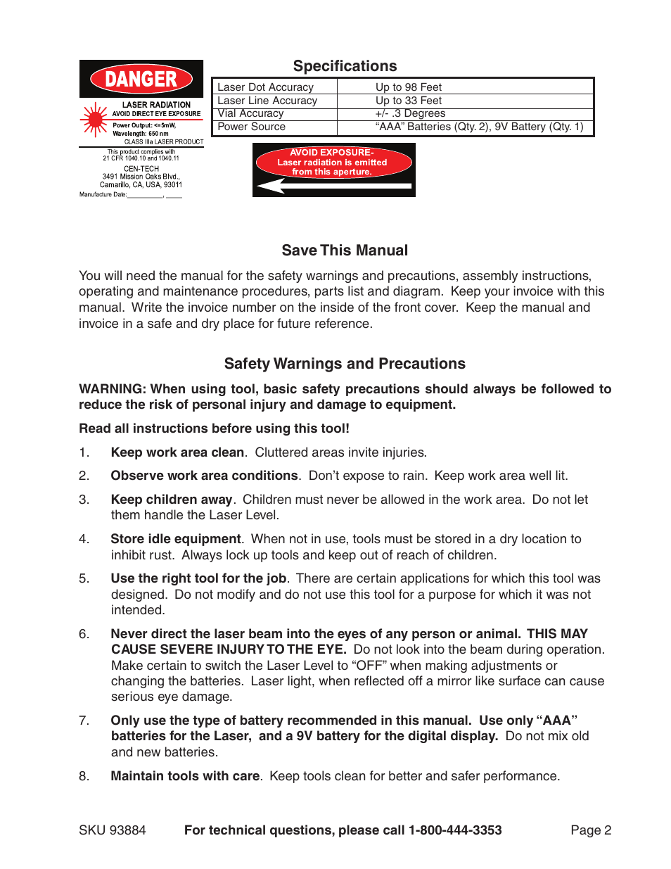 Specifications save this manual, Safety warnings and precautions | Harbor Freight Tools 93884 User Manual | Page 2 / 6