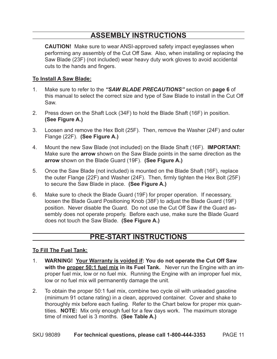 Assembly instructions, Pre-start instructions | Harbor Freight Tools 98089 User Manual | Page 11 / 26