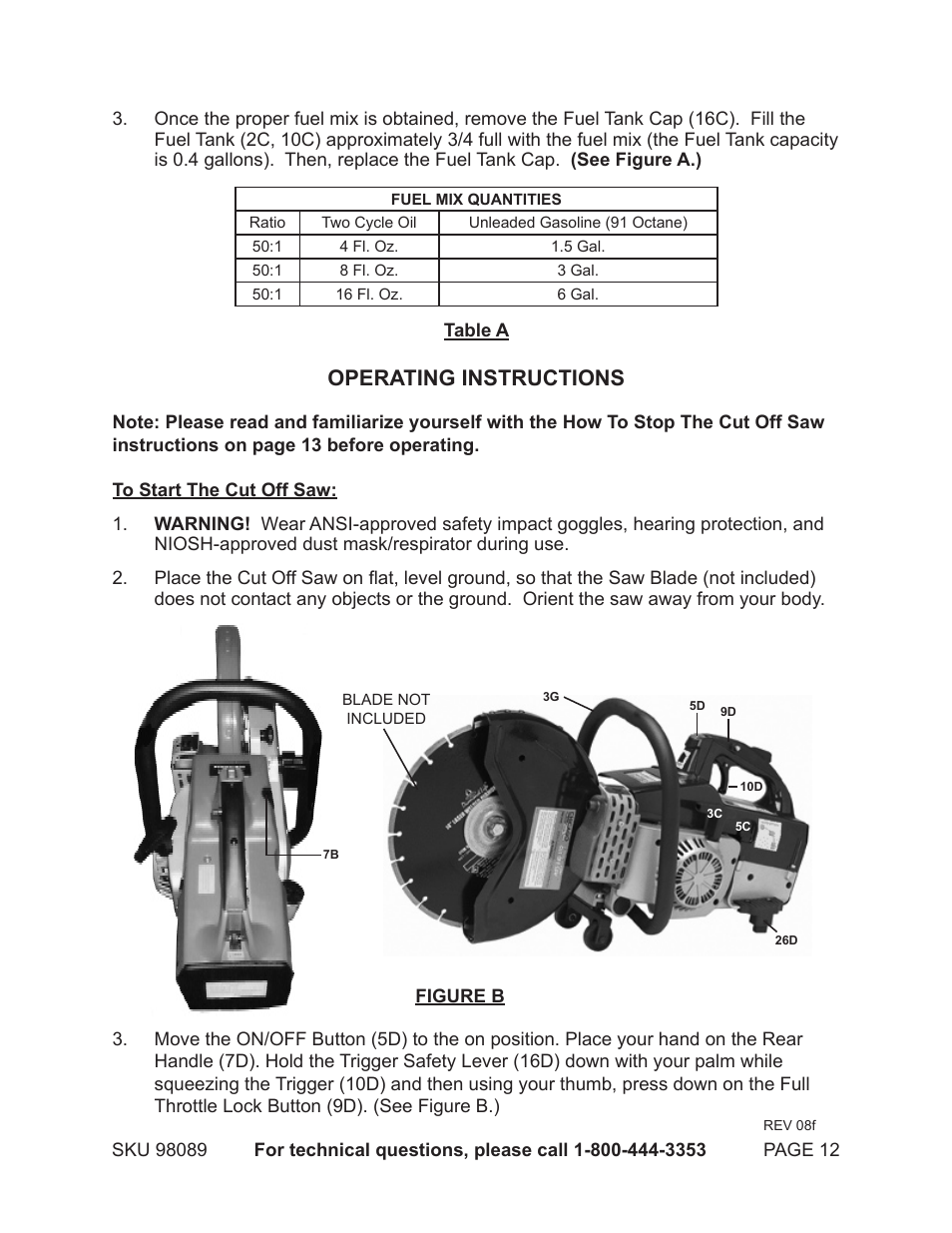 Operating instructions | Harbor Freight Tools 98089 User Manual | Page 12 / 26