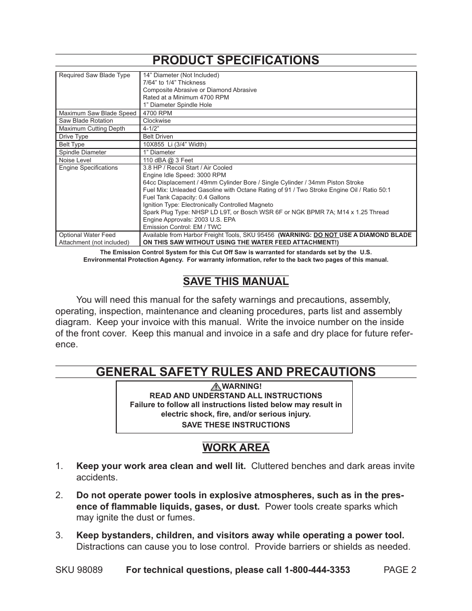 Product specifications, General safety rules and precautions, Save this manual | Work area | Harbor Freight Tools 98089 User Manual | Page 2 / 26