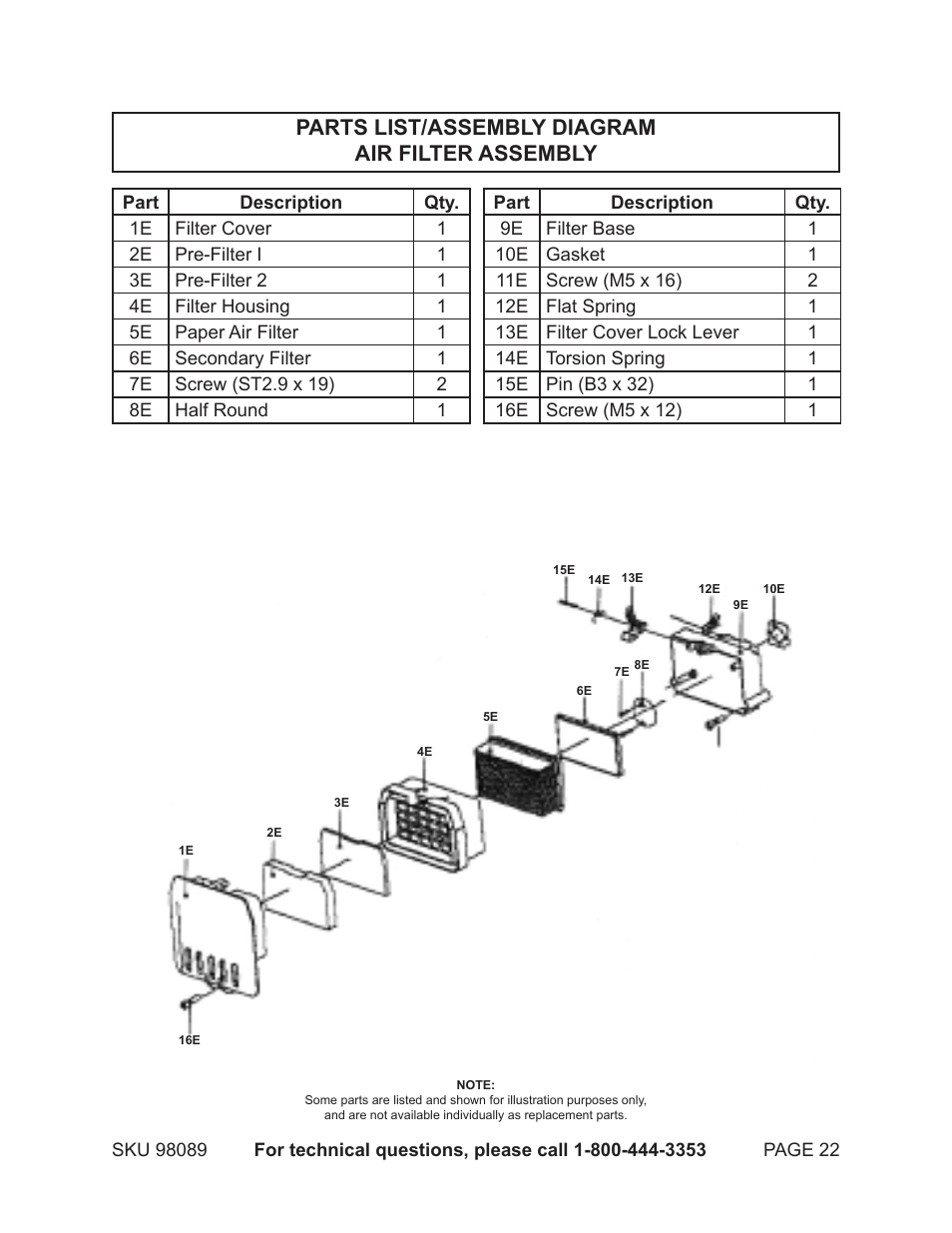 Parts list/assembly diagram air filter assembly | Harbor Freight Tools 98089 User Manual | Page 22 / 26