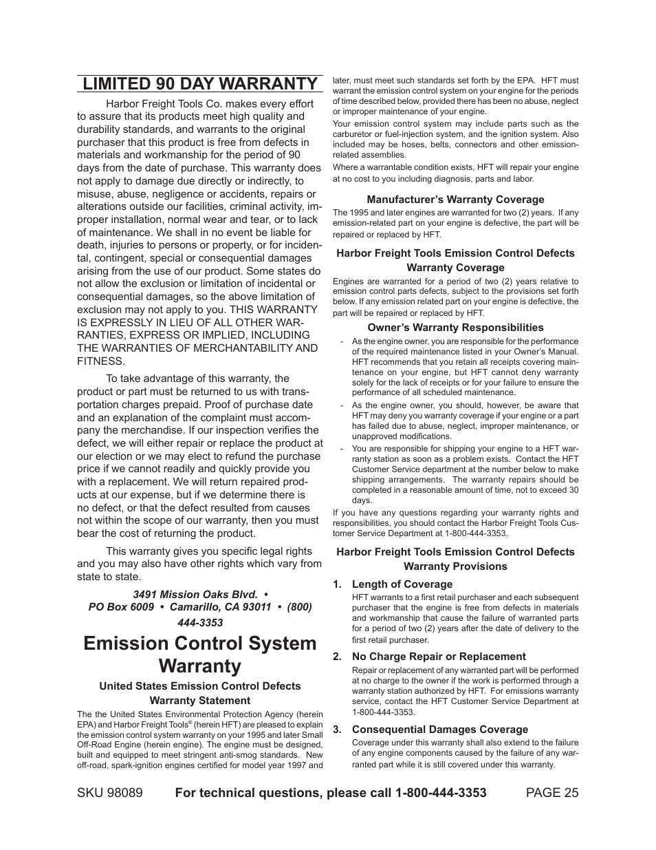 Emission control system warranty, Limited 90 day warranty | Harbor Freight Tools 98089 User Manual | Page 25 / 26