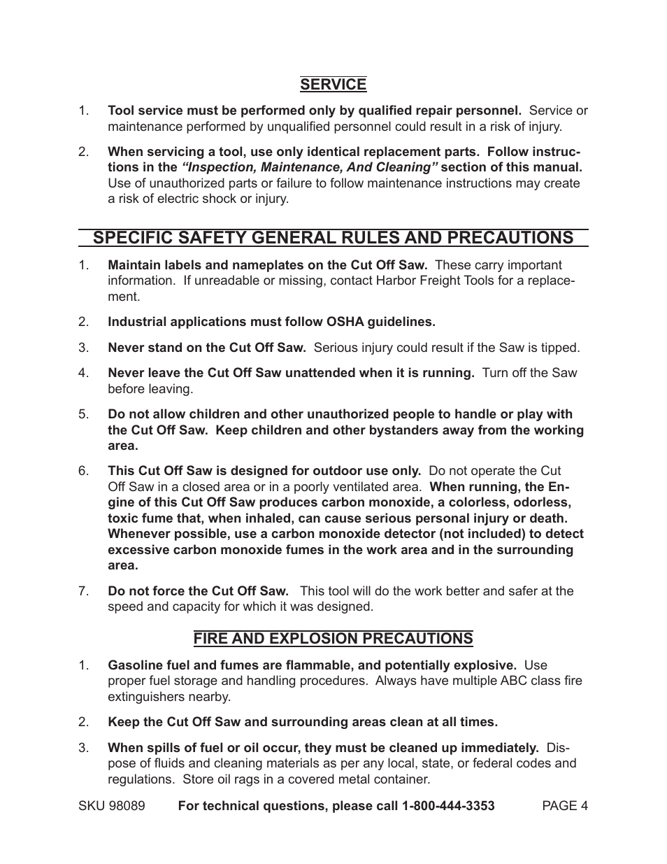 Specific safety general rules and precautions | Harbor Freight Tools 98089 User Manual | Page 4 / 26