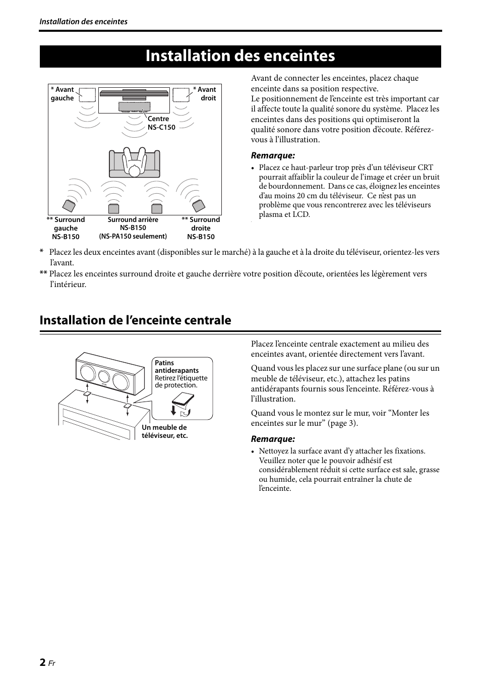 Installation des enceintes, Installation de l’enceinte centrale | Yamaha NS-PA150 User Manual | Page 10 / 36