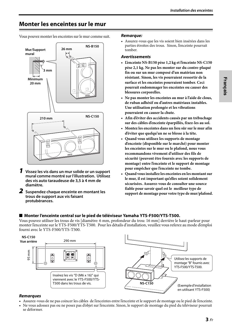 Monter les enceintes sur le mur | Yamaha NS-PA150 User Manual | Page 11 / 36