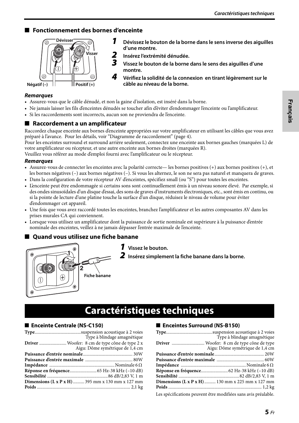 Caractéristiques techniques | Yamaha NS-PA150 User Manual | Page 13 / 36