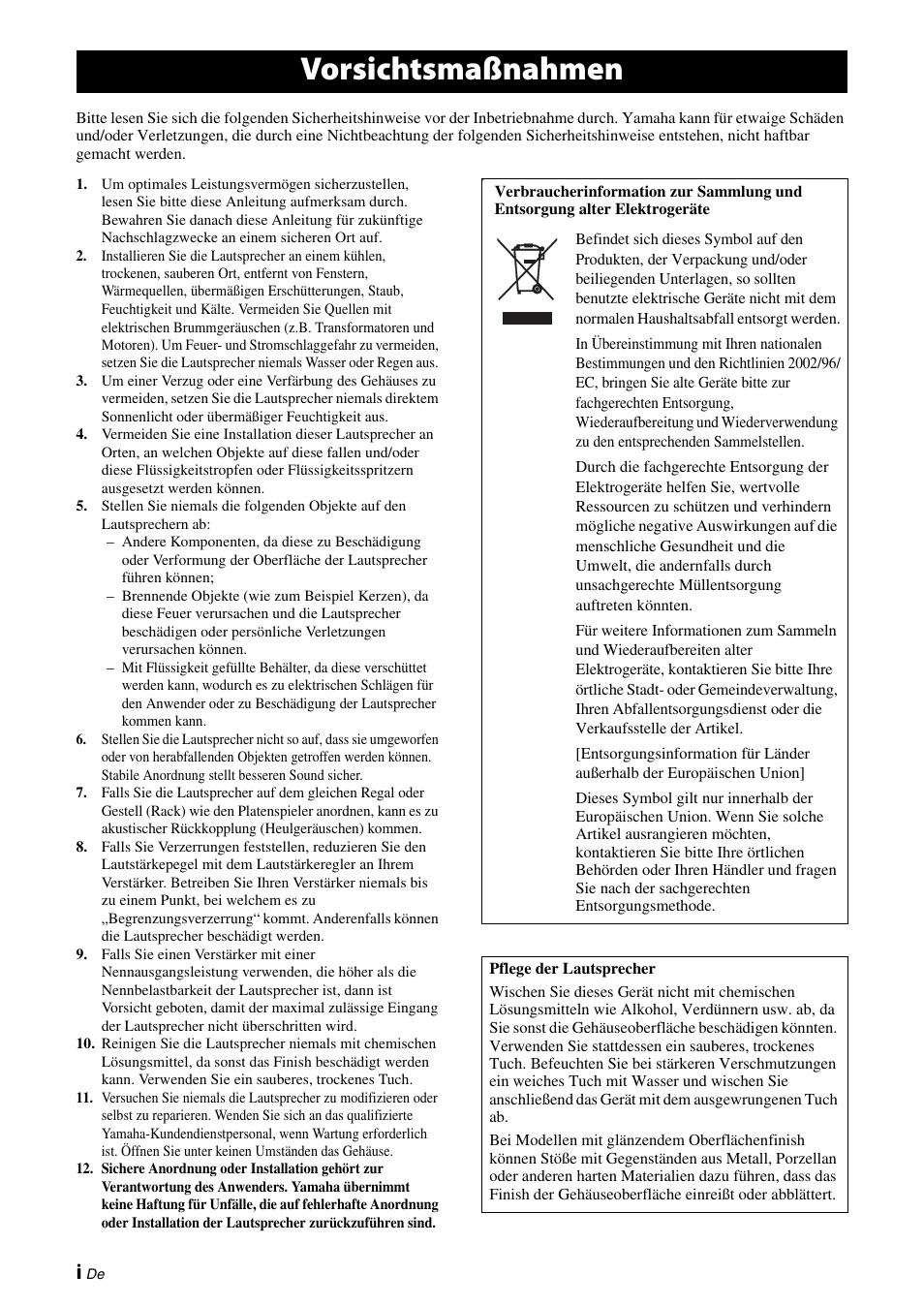 Deutsch, Vorsichtsmaßnahmen | Yamaha NS-PA150 User Manual | Page 14 / 36