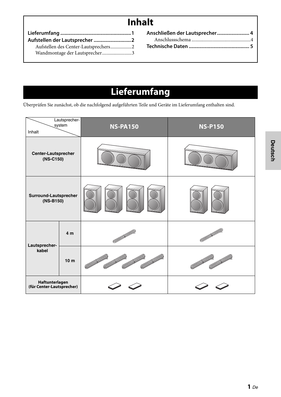 Inhalt, Lieferumfang | Yamaha NS-PA150 User Manual | Page 15 / 36