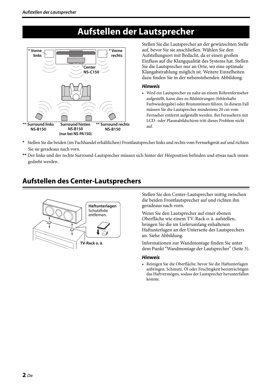 Aufstellen der lautsprecher, Aufstellen des center-lautsprechers | Yamaha NS-PA150 User Manual | Page 16 / 36