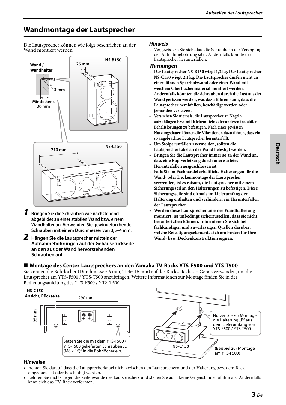Wandmontage der lautsprecher | Yamaha NS-PA150 User Manual | Page 17 / 36