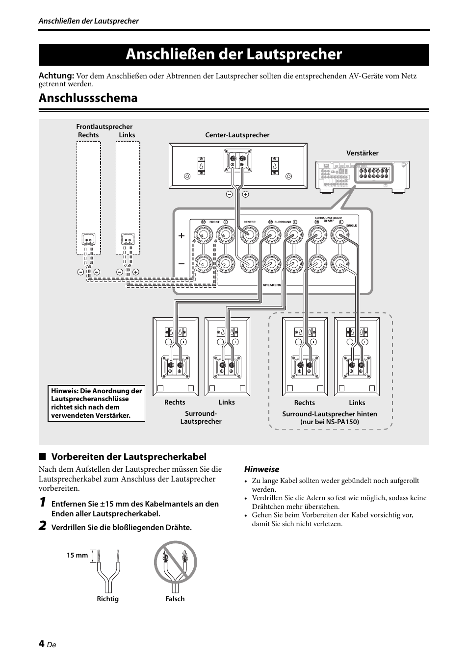 Anschließen der lautsprecher, Anschlussschema | Yamaha NS-PA150 User Manual | Page 18 / 36