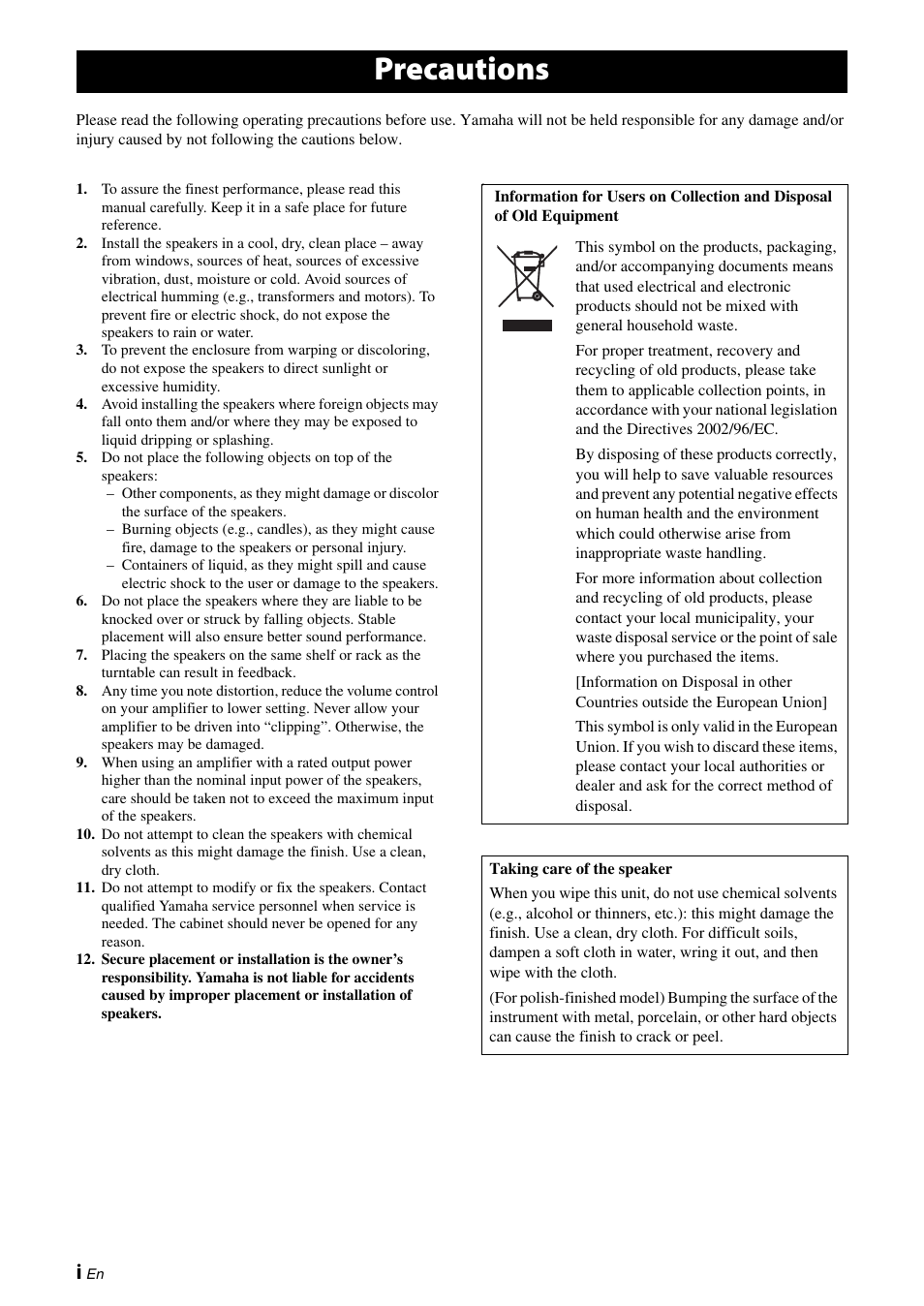 English, Precautions | Yamaha NS-PA150 User Manual | Page 2 / 36