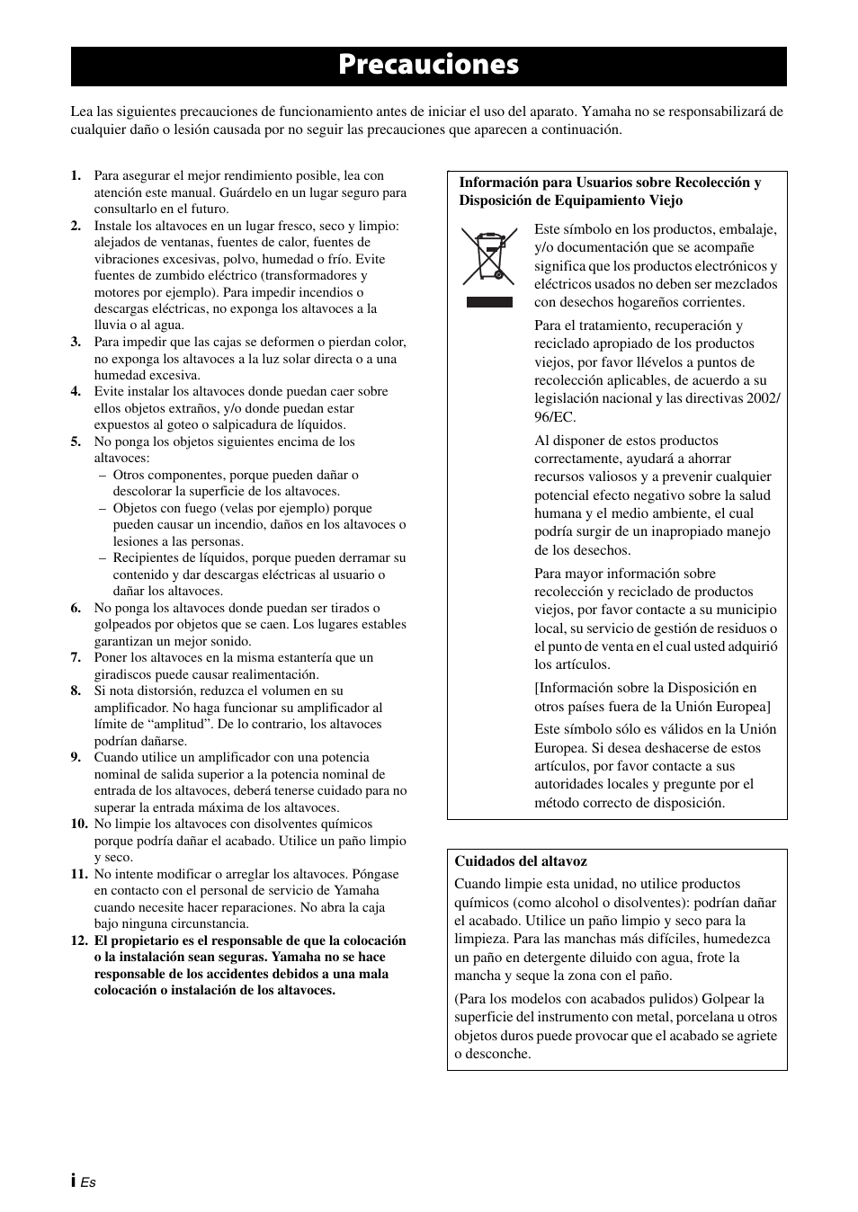 Español, Precauciones | Yamaha NS-PA150 User Manual | Page 20 / 36