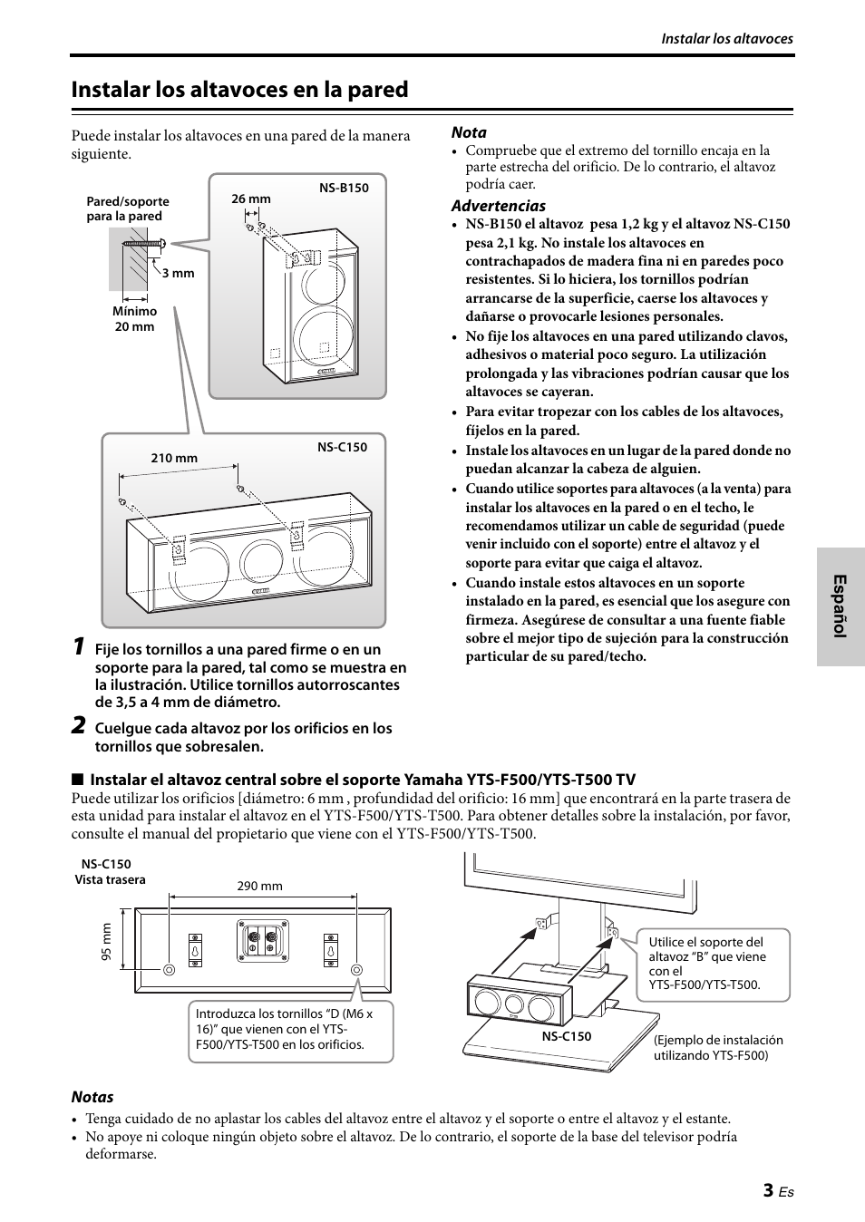 Instalar los altavoces en la pared | Yamaha NS-PA150 User Manual | Page 23 / 36